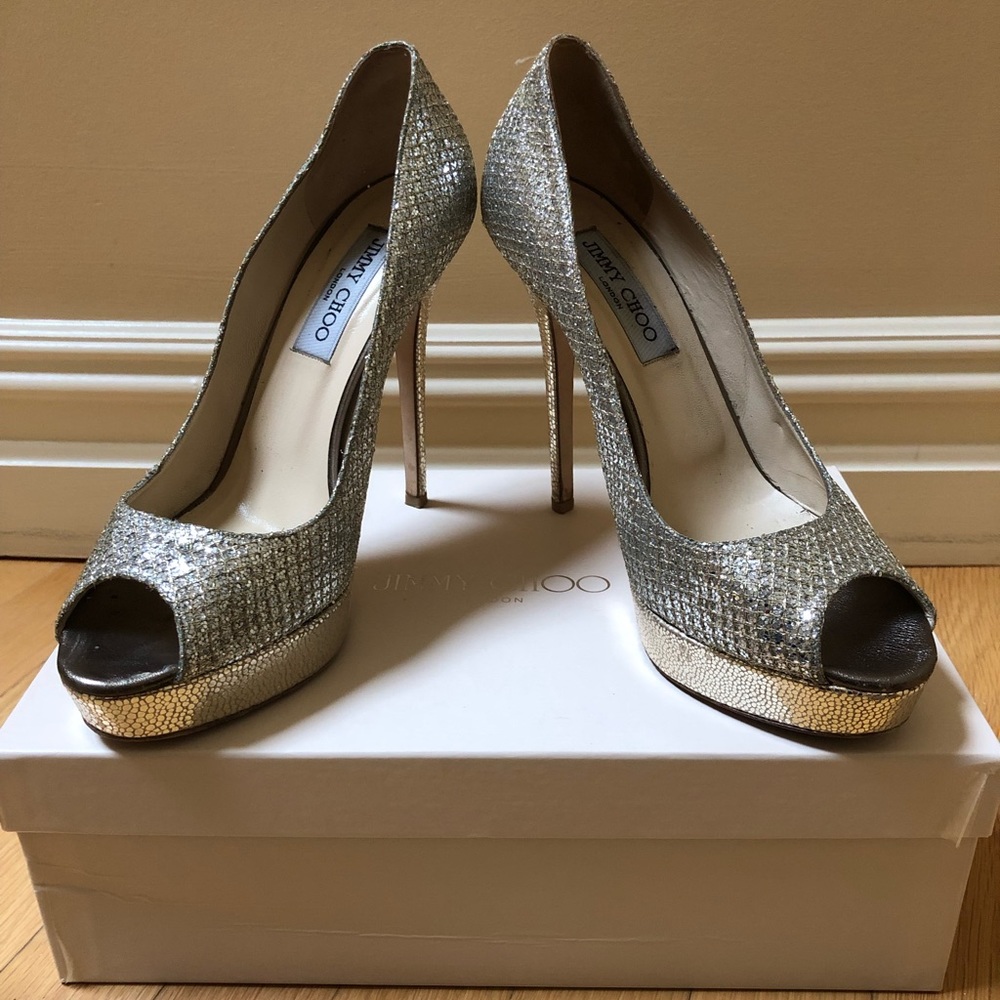 Jimmy Choo Glitter Fabric Champagne Heels